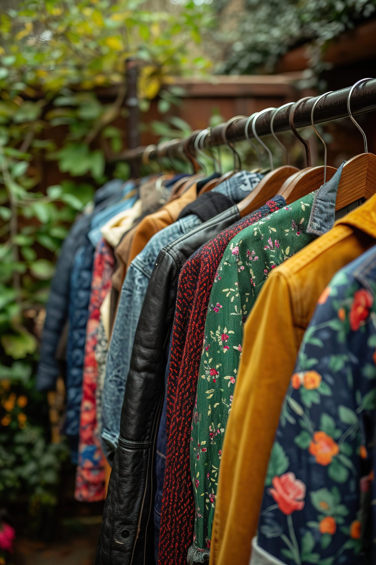 A real photograph of a close-up of clothes hanging at a used clothing sale in the beautiful backyard of a lovely house. Maximum quality and detail. --ar 2:3 --stylize 500 --v 6 Job ID: 4ab7cf3e-1d12-4c52-a16d-40518cf7234a